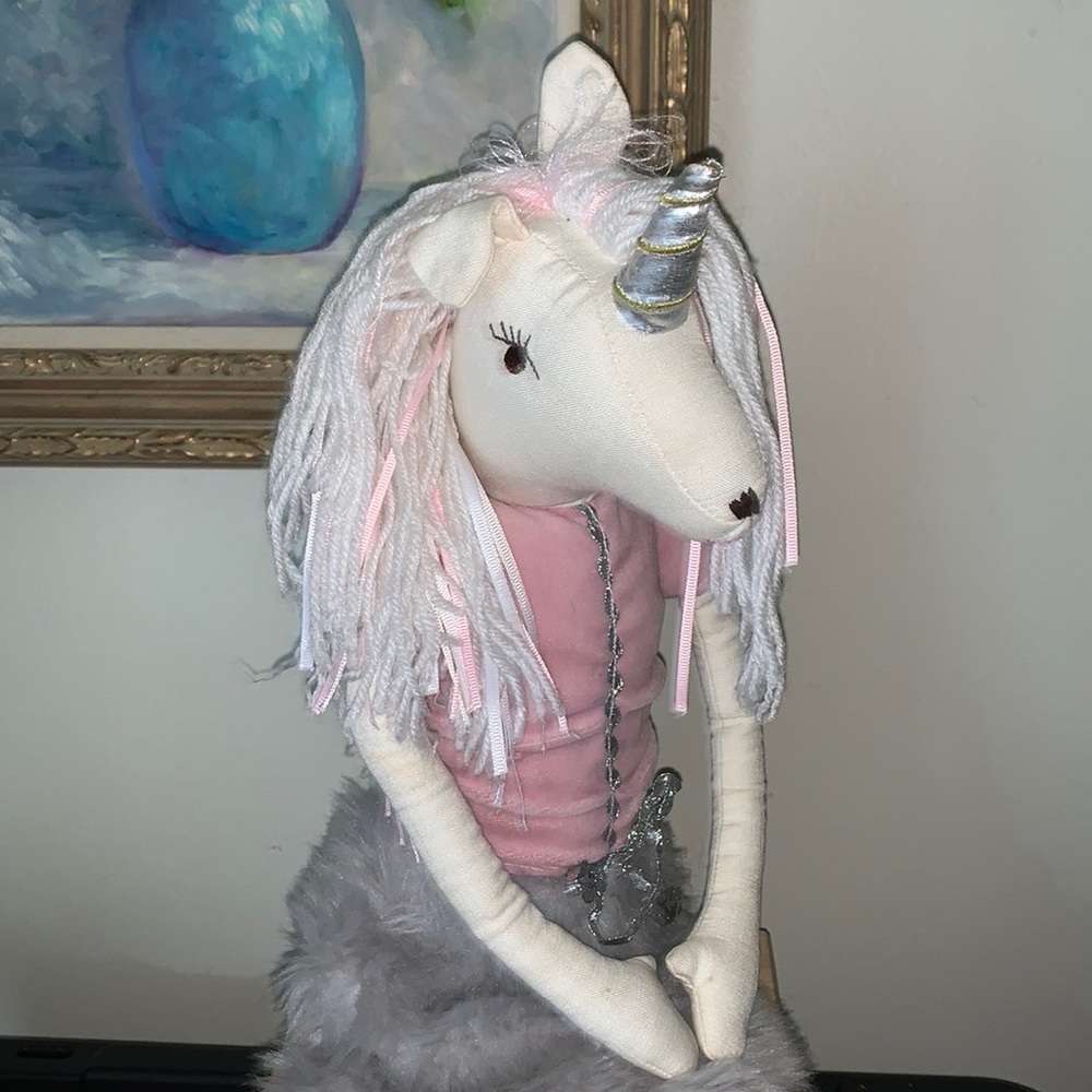 Pottery Barn Kids 26" Plush Stuffed Unicorn Animal Pink Shirt Gray Skirt